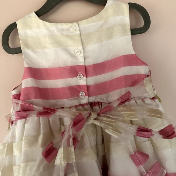 Marmellata Pink Cream Striped Floral Applique Waist Tie Dress Easter Girls 4 4T - Picture 4 of 8